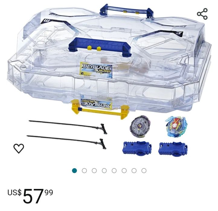 3 beyblades com 3 propulsores e uma arena