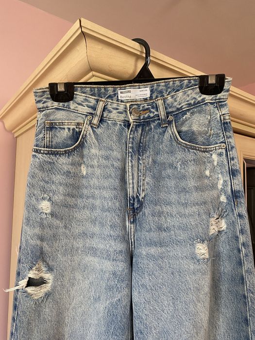 Джинси світлі порвані Bershka wide leg denim