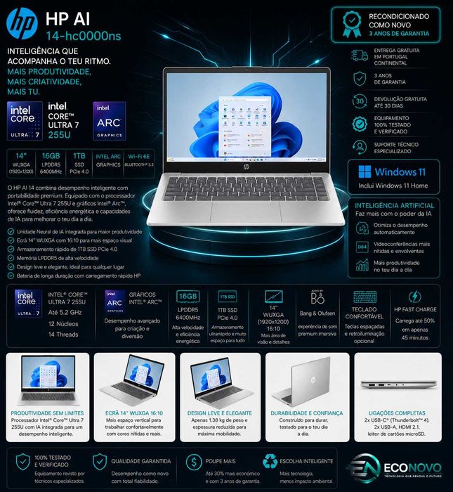 EN HP AI 14-hc0000ns 14" Intel Core Ultra 7 255U 16GB 1TB SSD Intel Arc Windows 11