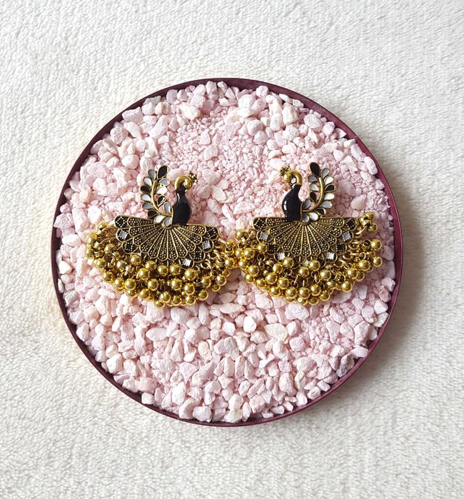 Duże kolczyki pawie paw ptaki złoty kolor czarny boho etno indyjskie