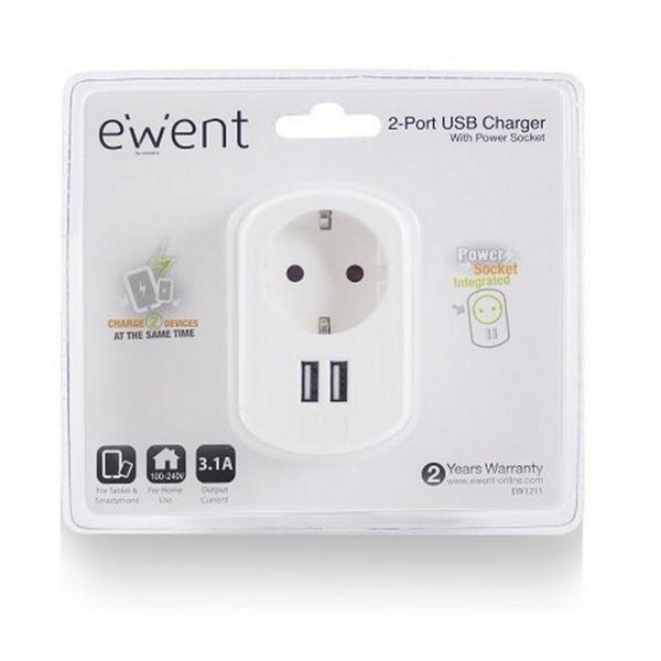 ULTIMO! Carregador Ewent USB AC 2 Portas 15.5W 3.1A Shuko Branco