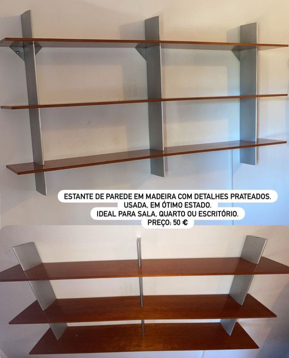 Estante de parede em madeira com detalhes prateados.