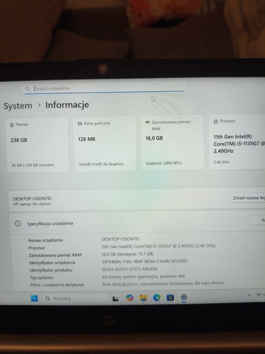 Laptop HP 14s Intel Core i5-1135G7 16GB Ram 256GB SSD + zasilacz