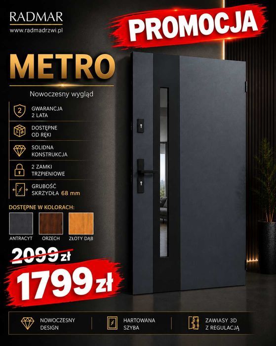 Drzwi zewnętrzne 80 90 model METRO 68mm Antracyt