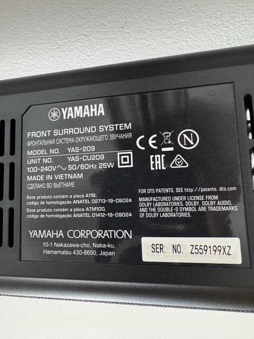 Soundbar YAMAHA YAS-209 + subwoofer NS—WSW44. Kino domowe 2.1, Bluetooth