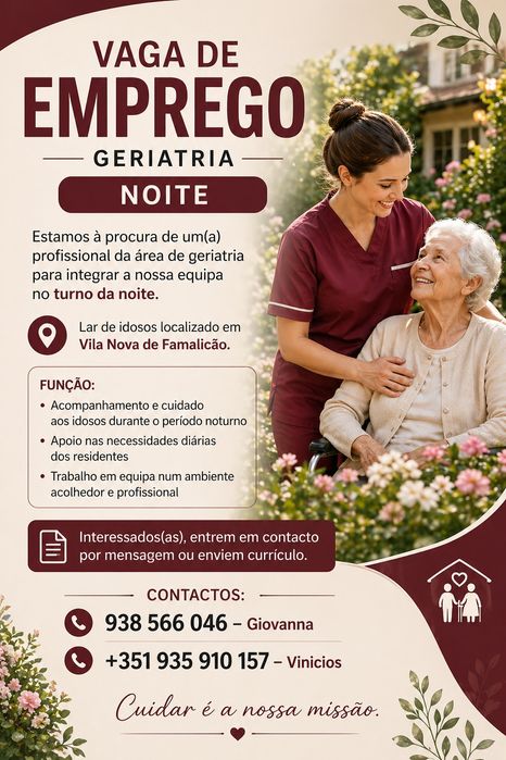 VAGA DE EMPREGO – GERIATRIA 

Estamos à procura de um(a) profissional da área de geriatria para integrar a nossa equipa no turno da noite.

Lar