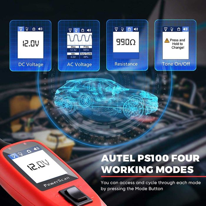 Máq. Teste circuitos elétricos auto Autel PowerScan PS100 - 12V/24V