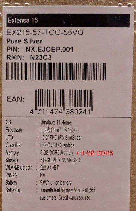 Laptop Acer Extensa EX215-57-TCO/15.6/Intel i5-1334U-4.6/16/SSD512/W11