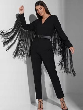 Karen millen kombinezon szykowny czarny damski z frędzlami 34 1a6e2 t5a