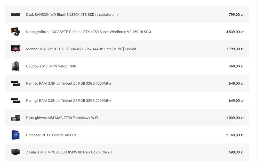 Komputer I9 14900K, RTX 4080 SUPER 16GB, RAM 7200MHZ 64GB, 2TB SSD