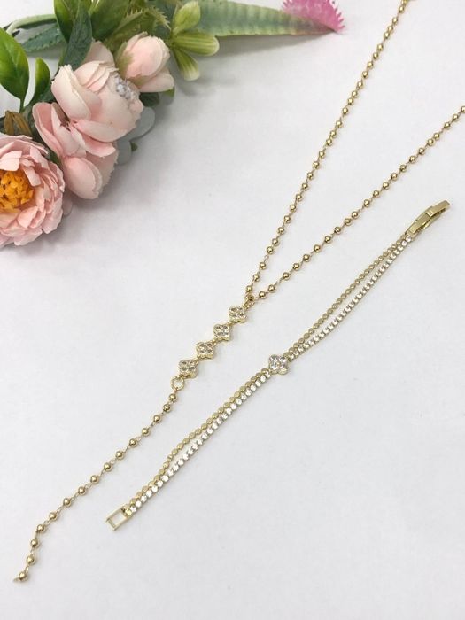 Komplet Gold Cyrkonie Clover Naszyjnik Bransoletka Glamour