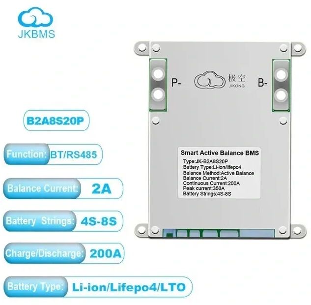 BMS JK-B2A8S20P (4S–8S, 200A, балансир 2A, BT / RS485)
