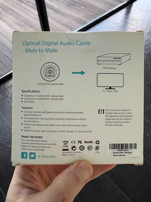 Cabo Áudio Óptico Digital Syncwire 1,8 m (Toslink, Novo)