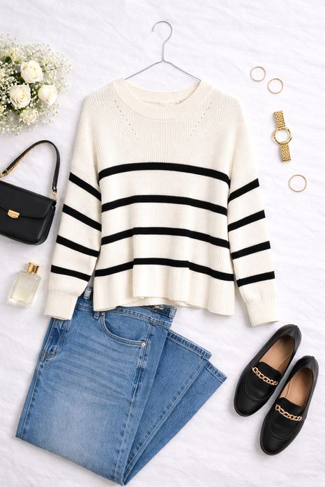 Kremowy sweter w czarne paski L 40