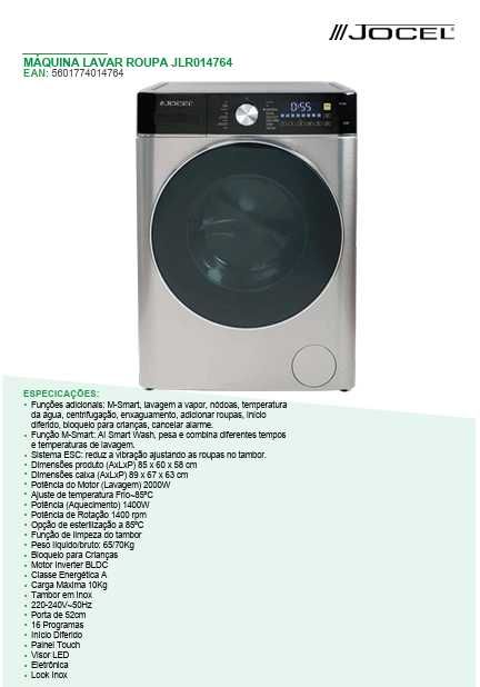 Máquina de Lavar Roupa Inox 10kg Jocel 1400rpm Classe A