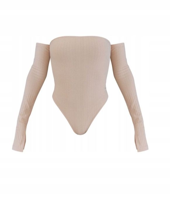 Бежеве боді в рубчик з відкритими плечима