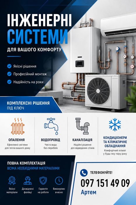 Кондиціонери, опалення, водопостачання.