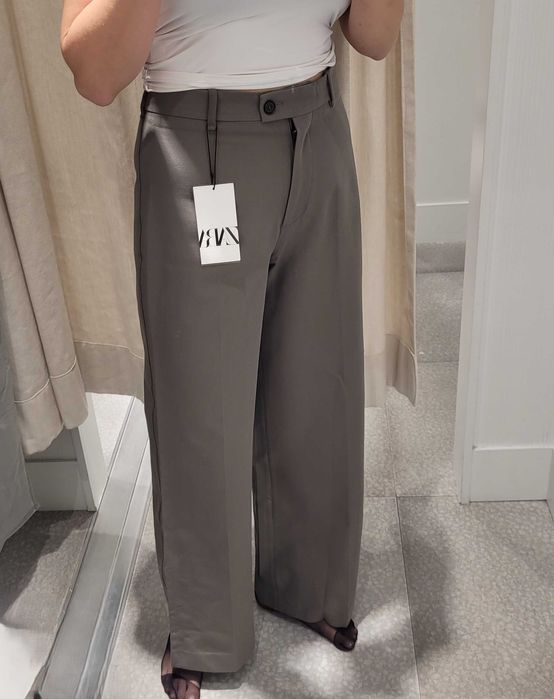 khaki spodnie prosty krój średni stan eleganckie Zara M 38 wełna wool