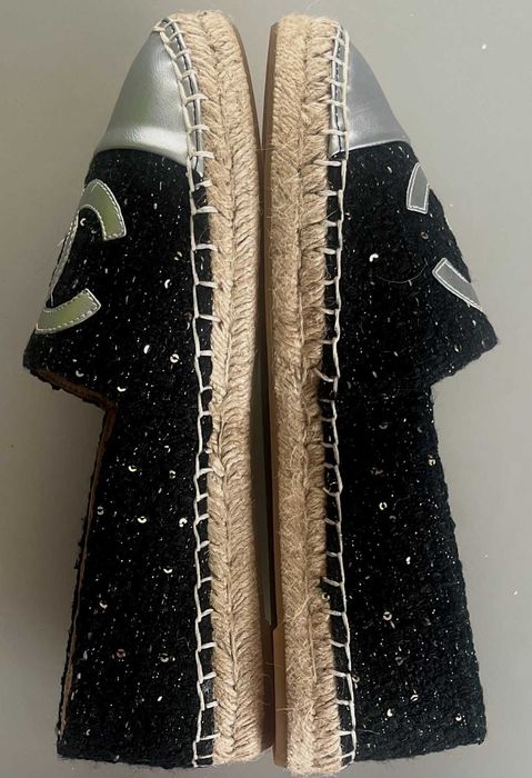 Espadryle inspirowane stylem Chanel 41 -39 czarne tweedowe srebrne logo