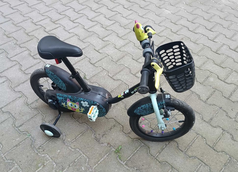Rowerek dziecięcy Decathlon B'Twin 14" + kółka boczne + drążek pałąk na nauki jazdy