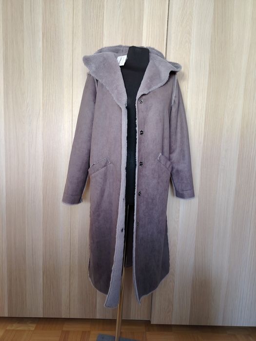 Republic nowy kożuch damski midi szary wrzos kaptur M