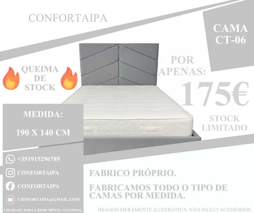Cama de Casal Estofada - 190x140cm - Promoção Queima de Stock