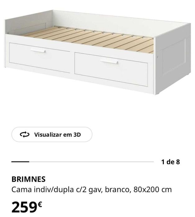 Cama individual/dupla, com 2 gavetas, color branco, 80x200 cm