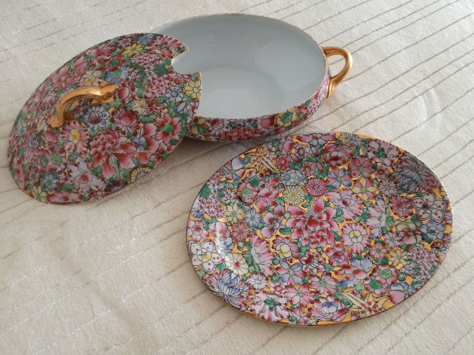 Terrina+Travessa Mil Folhas em Porcelana Fina