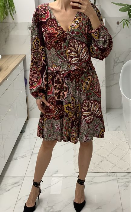 Sukienka kolorowa paisley boho etno bufiaste rekawy wiskoza 40 42