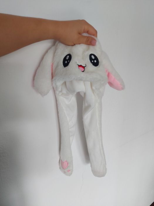 Czapka królik z ruchomymi uszami kawaii biały pudrowy róż