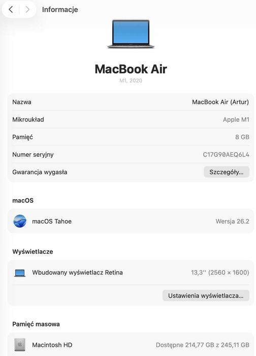 MacBook Air M1 2020 8GB/256GB ZADBANY!