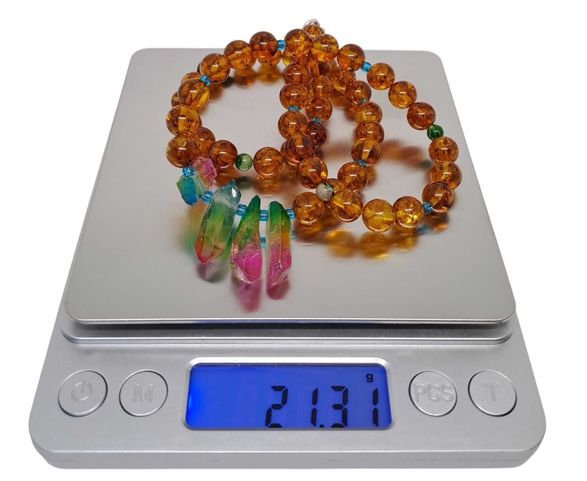 Korale z bursztynu, bursztyn bałtycki, kwarc, agat, kulka koniak #393