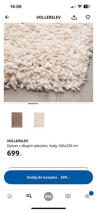 Dywan Vollerslev Ikea 160x230 duży biały shaggy