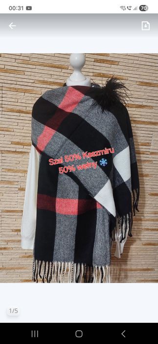 Piękny szal 50%kaszmir 50% wełna Cashmere r200x70 krata czarny czerwon