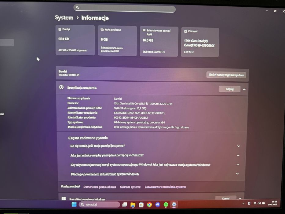 Laptop gamingowy Acer Predator Helios Neo 16 – i9 / RTX / 165Hz