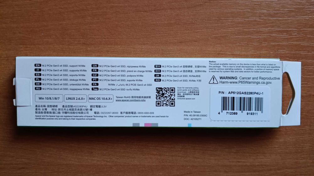 SSD M.2 2280 Apacer AS2280P4U 512GB PCIe Gen3x4