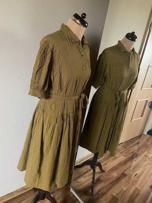 Xxxl 44 46 +size sukienka khaki jasne wzory oversize midi falbany