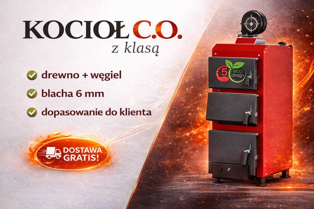 Kocioł C.O. 12kW na drewno i węgiel, piec 4 kanałowy, duży zasyp, szybka dostawa 48h