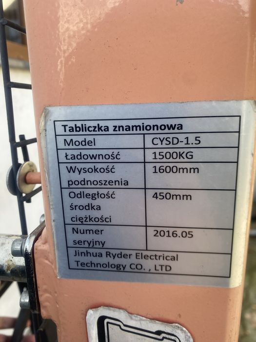 Paleciak masztowy podnosnikowy sztaplarka wozek paletowy widlowy 1,5t