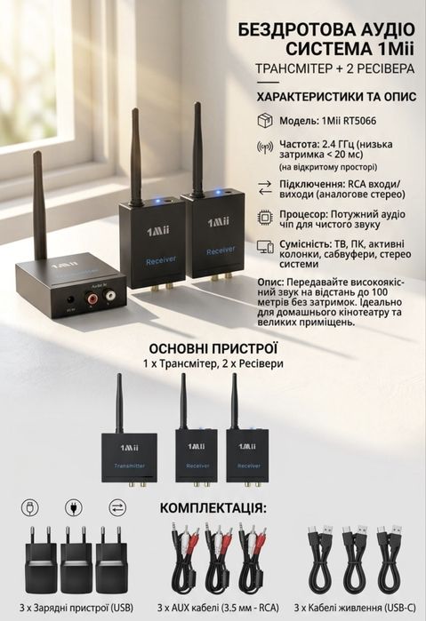 1Mii бездротовий аудіо трансмітер + 2 ресівера 2.4GHz 100м