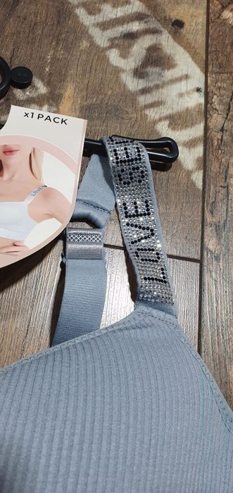 Cudowny szary biustonosz prążek cyrkonie S M