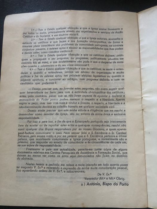 Carta do Bispo do Porto ao presidente do conselho 1958
