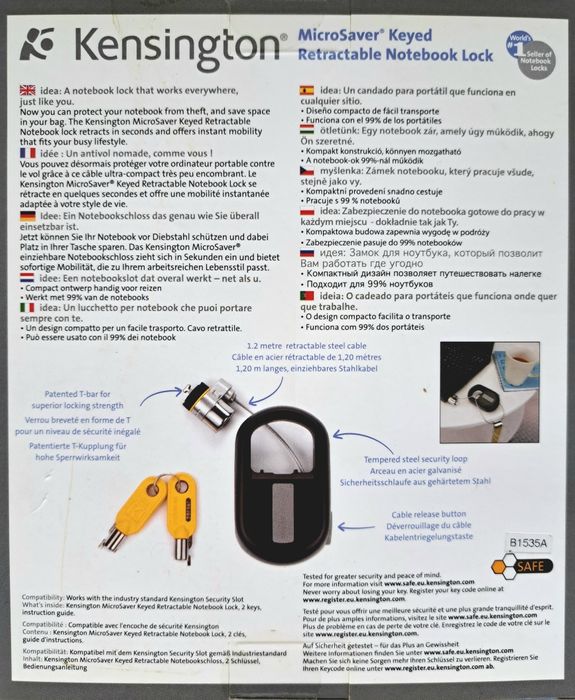 Cabo cadeado de segurança Kensington MicroSaver, retrátil e com chave