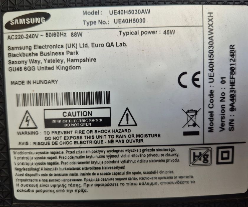 Telewizor Samsung UE40H5030AW 40 cali uszkodzony
Model: UE40H5030AW