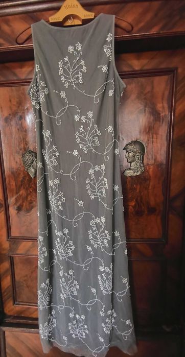 Sukienka szara maxi r.L/M haft koraliki Piekna vintage