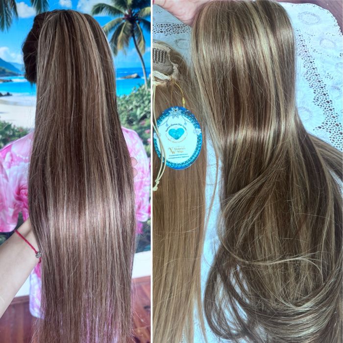 Натуральный хвост шиньон на резинке славянка детский волос русый 70 см