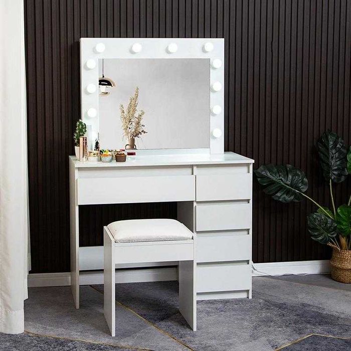 Nowoczesna Toaletka Kosmetyczna LED z 5 Szufladami i Stołkiem - Biała