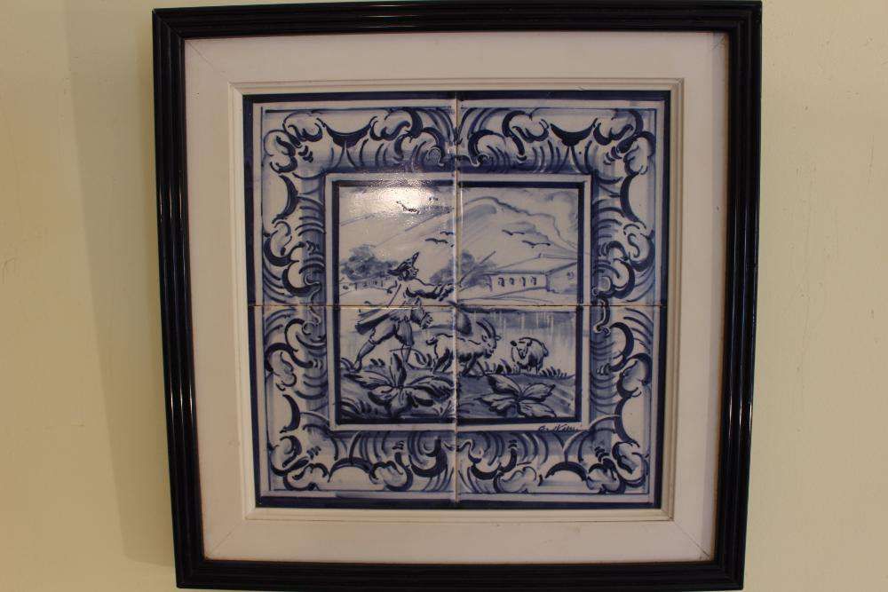 C. Neves, Four-Tile Panel Signed "Landscape with Shepherd", 19th Century64552115346818121