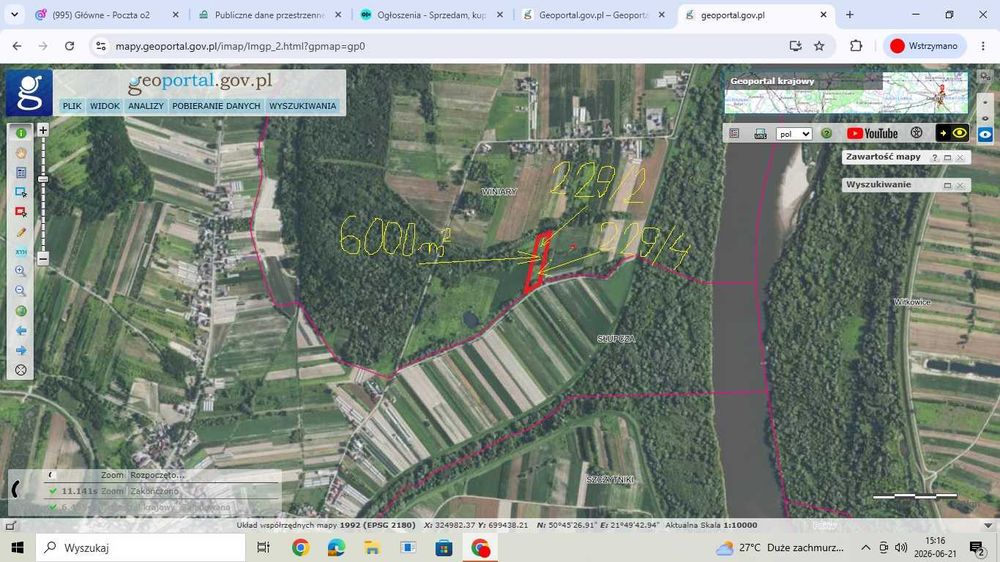 działka 6000 m2, około 30 m szeroka, dojazd asfaltowy, 500 m do wisły