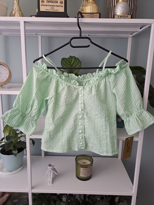 Zielona krótka bluzka w kratkę top na ramiączkach S